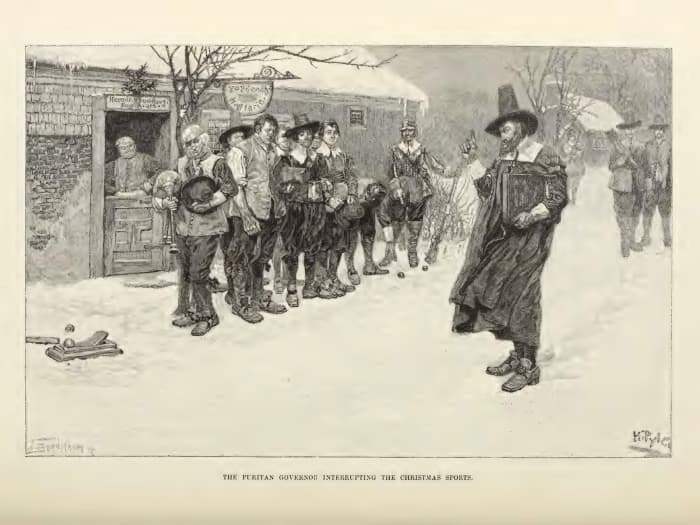 Puritan governor interrupts winter festivities in the snow, symbolising the ban on Christmas and the control of social customs.