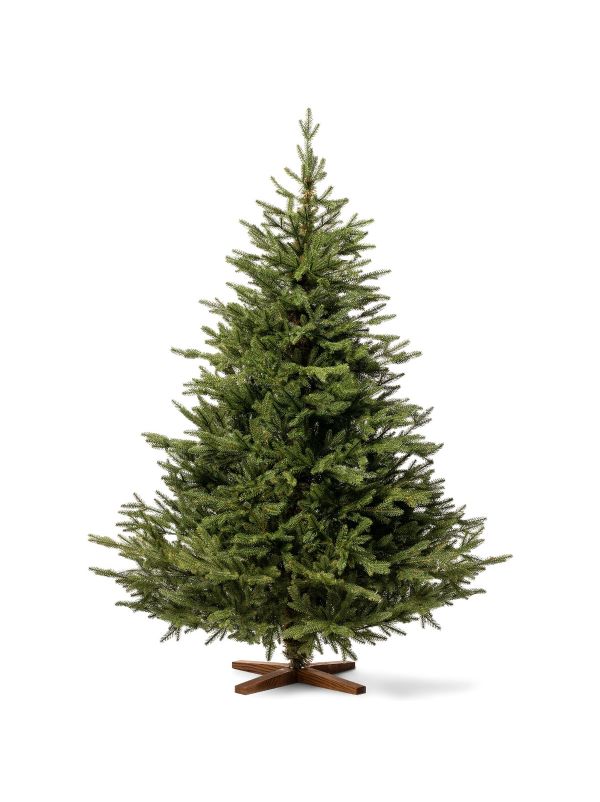 Artificial Christmas tree FairyTrees FT06-180 – a 180 cm Nordmann fir with 100% injection-molded polyethylene branches and an ash wood stand.