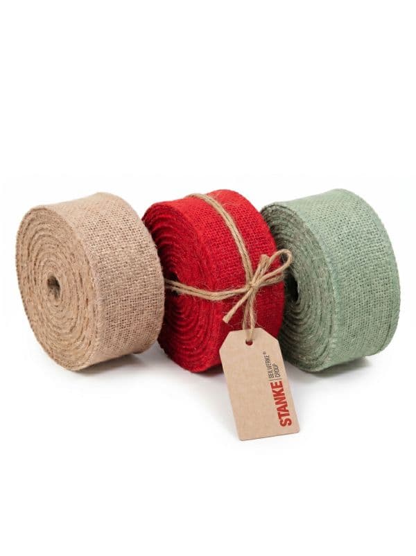 Seilwerk Stanke jute ribbon set, 3 rolls in red, natural, and green on a white background. 