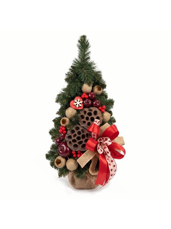 Small artificial cone Christmas tree 40 cm decorated in COZY style with natural accents, on a white background. 