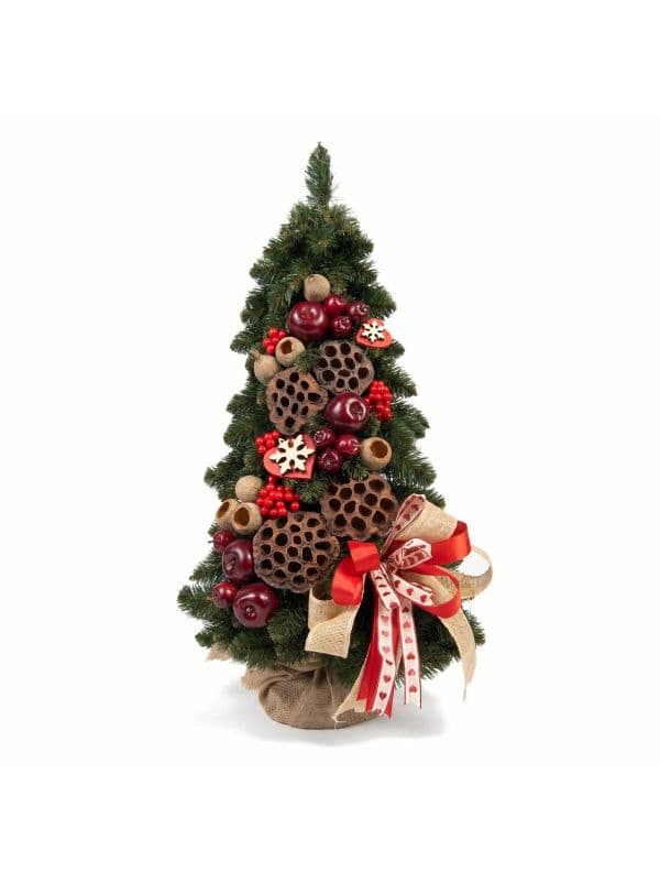 Small artificial cone Christmas tree 60 cm on a white background, featuring dense green branches. 