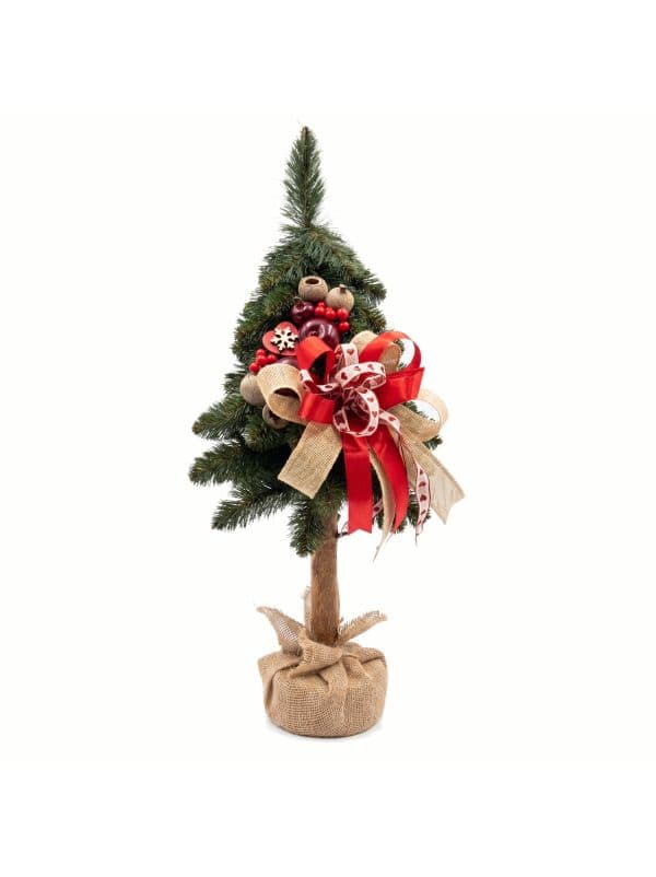 Small artificial Christmas tree on a pine trunk 65 cm, with natural accents, on a light background. 