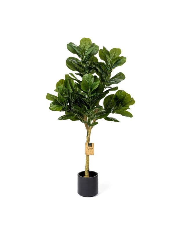 Artificial fiddle-leaf fig 130 cm FairyTrees with large, matte, green leaves on a light background. 