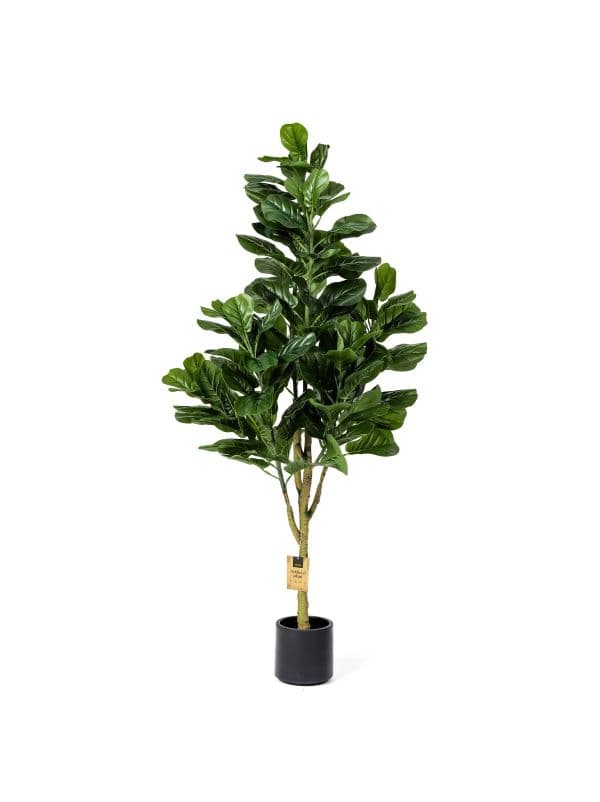 Artificial fiddle-leaf fig 160 cm FairyTrees with a distinctive silhouette and dark green, violin-shaped leaves on a light background. 