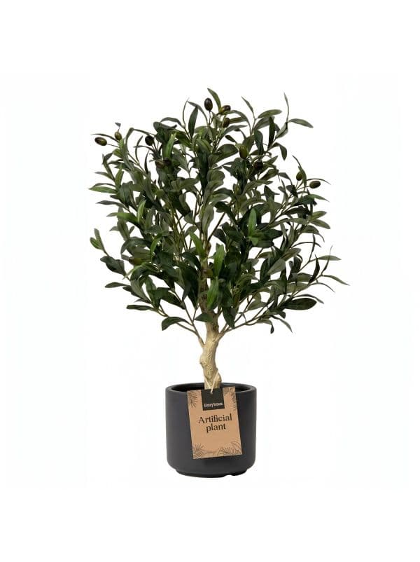 Small artificial olive tree 60 cm FairyTrees with delicate leaves and olive fruits on a light background. 