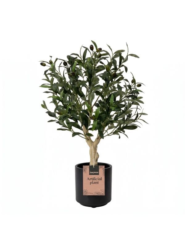 Artificial olive tree 80 cm FairyTrees with a dense crown, delicate green leaves, and olives on a light background. 