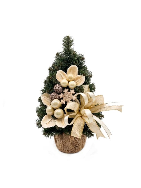 Mini artificial cone Christmas tree 30 cm on a white background, with green branches styled with white and ecru ornaments. 