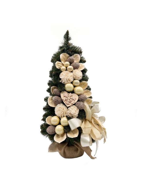 Small artificial cone Christmas tree 50 cm with elegant glamorous pearl-style decorations, on a white background. 