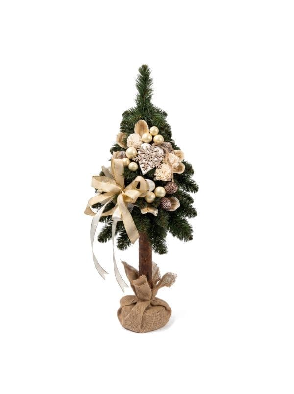 Small artificial Christmas tree 65 cm on a pine trunk with dense green branches and decorations in shades of white and ecru. 