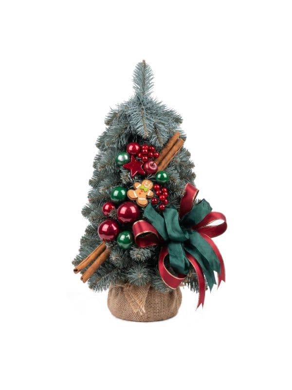 Small artificial cone Christmas tree 40 cm decorated in COZY style with natural accents, on a white background. 