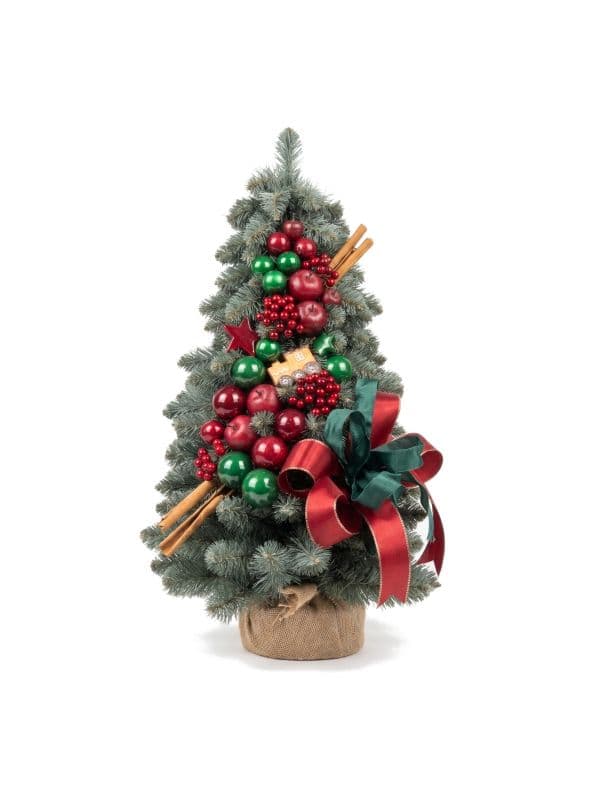 Small artificial cone Christmas tree 60 cm on a white background, trimmed with elegant burgundy and green decorations. 