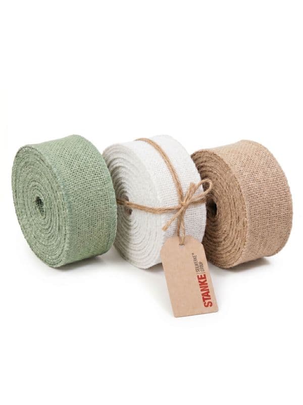 Seilwerk Stanke jute ribbon set, 3 rolls in beige, natural, and green on a white background. 