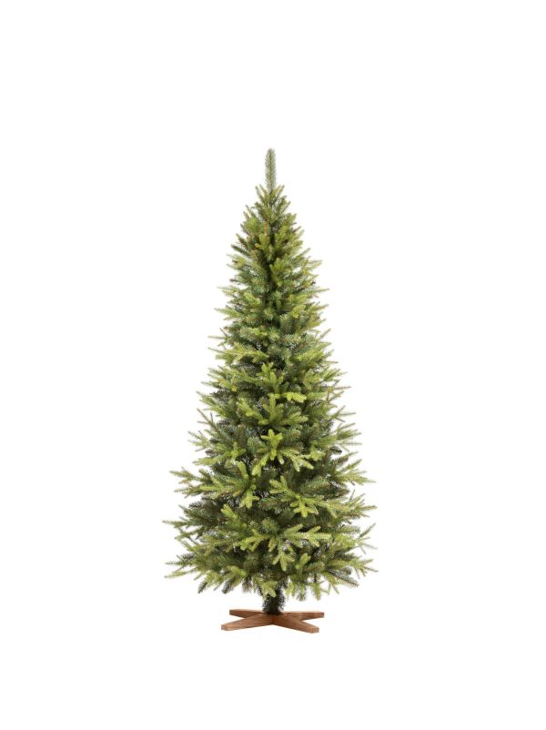 Tall and slim artificial Christmas tree FairyTrees FT05-180 – a 180 cm Nordmann fir with injection-molded PE branches and a refined wooden base.