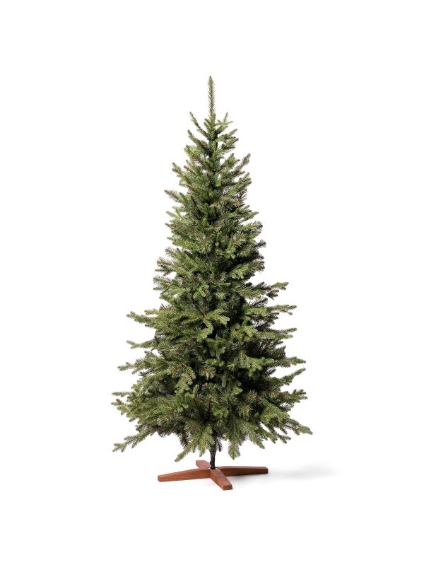 Tall and slim artificial Christmas tree FairyTrees FT05-180 – a 180 cm Nordmann fir with injection-molded PE branches and a refined wooden base.