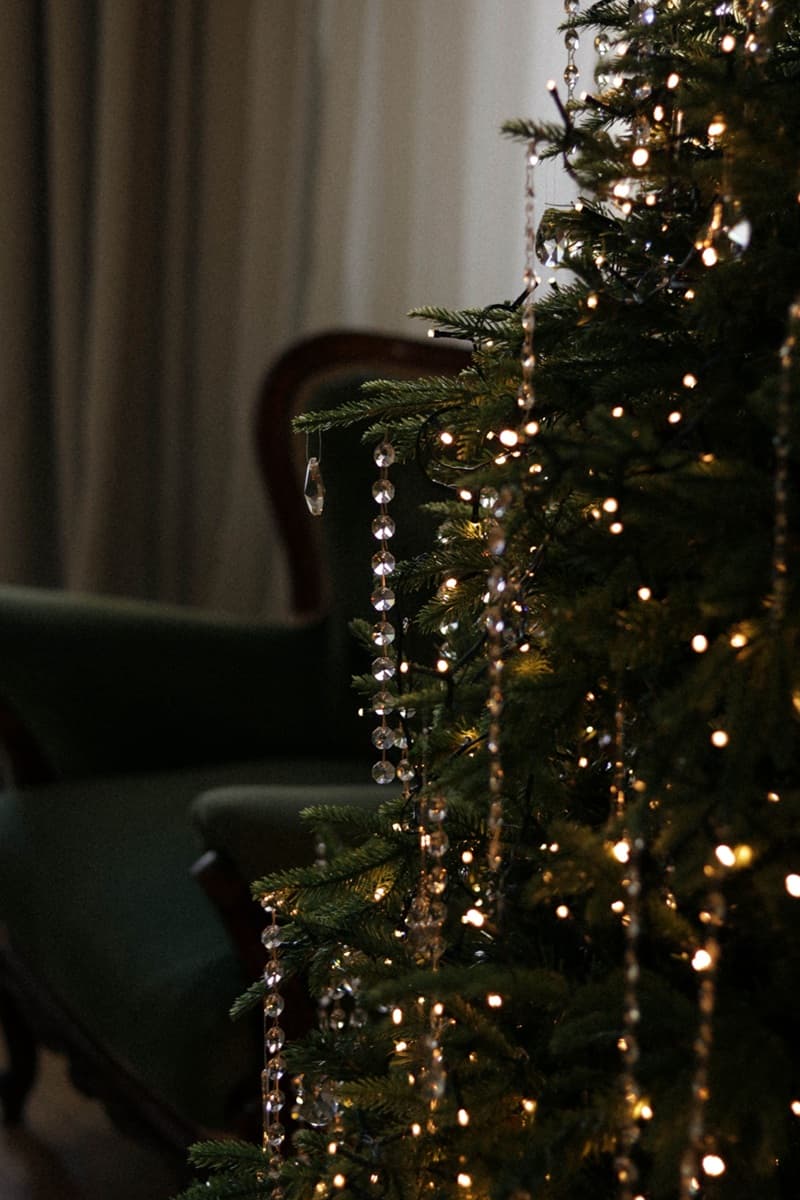 Shimmering, delicate ornaments on a Christmas tree.