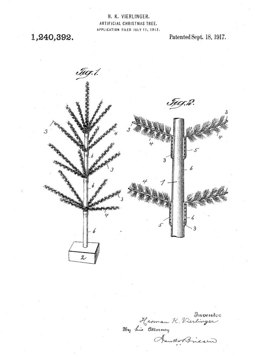 Patent drawing by Herman K. Vierlinger from 1917 &ndash; design of an artificial Christmas tree with a metal trunk, radially arranged branches, and a detail of the branch attachment.