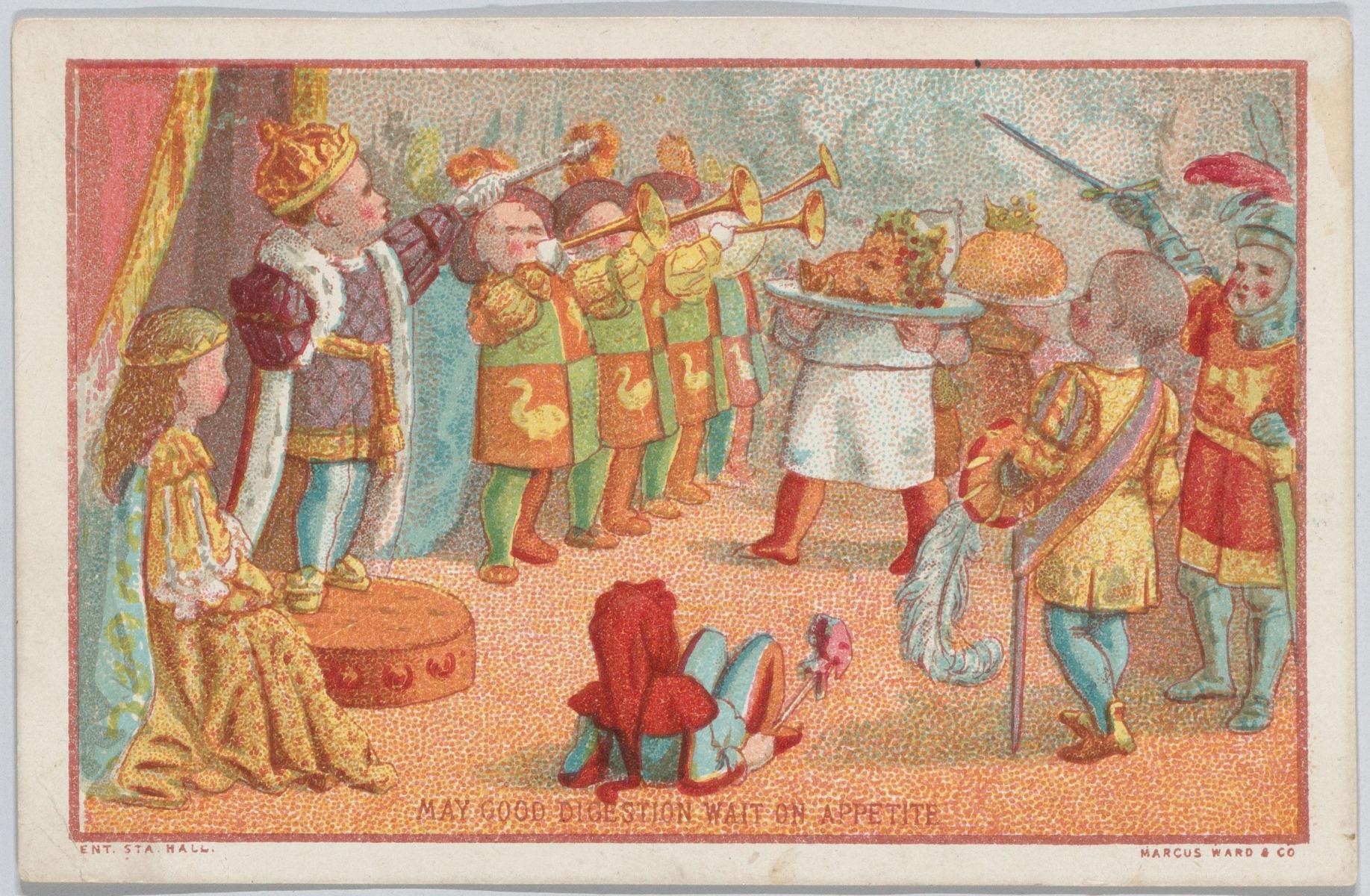 Colorful nineteenth-century Christmas card depicting the ceremonial entrance of a roasted boar&rsquo;s head accompanied by trumpets, part of Christmas ritual.