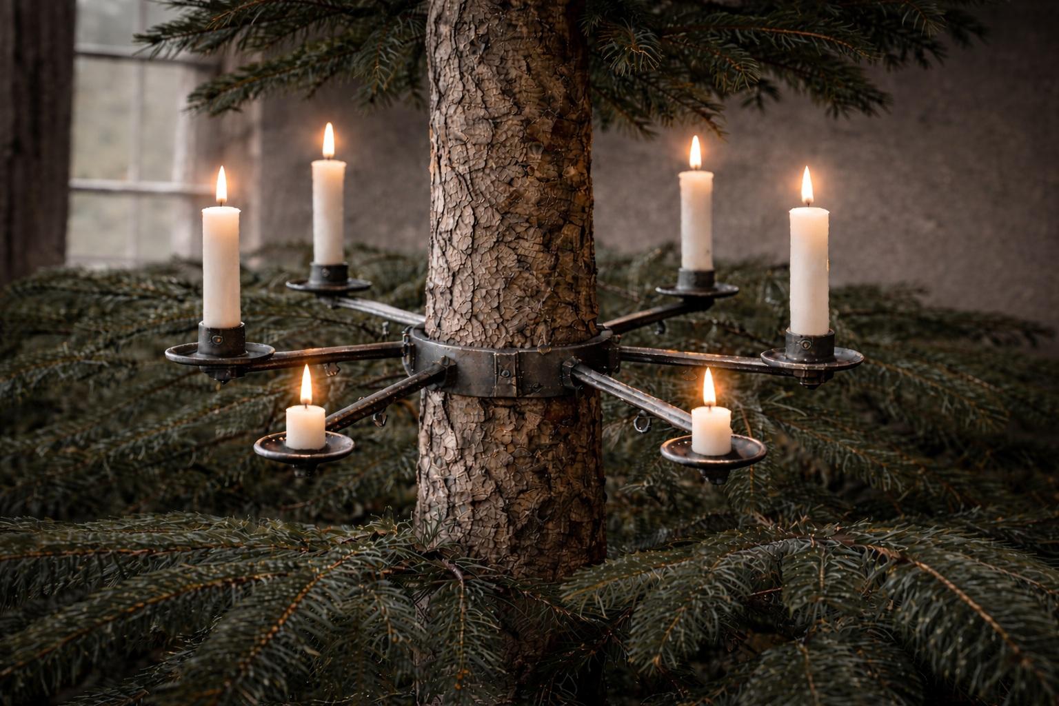 Visualization of Hermann Gehnrich&rsquo;s patent&mdash;a metal candle holder mounted around a Christmas tree trunk, with several lit candles arranged radially.