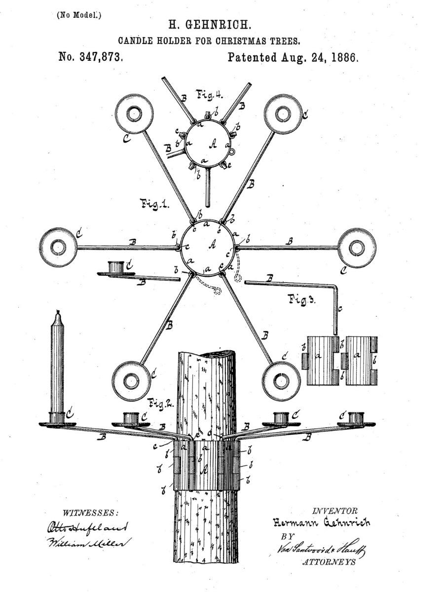 Hermann Gehnrich&rsquo;s patent drawing from 1886 &ndash; design of a Christmas tree candle holder with a mechanism for attaching to the trunk and arms for candles arranged around the tree.