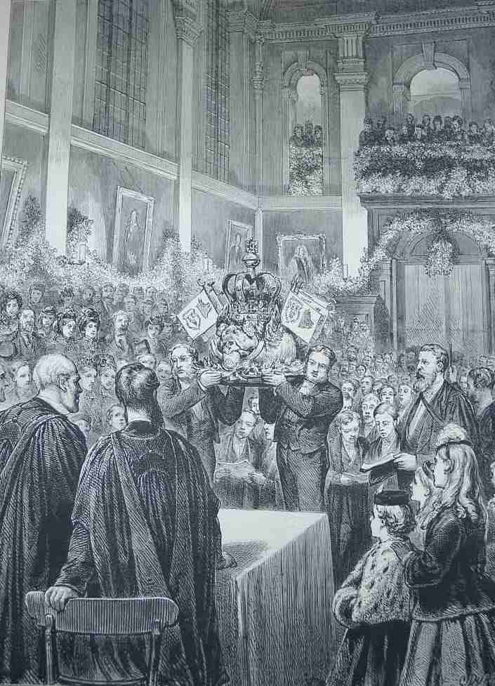 Nineteenth-century engraving showing the ceremonial presentation of a roasted boar&rsquo;s head at Queen&rsquo;s College, Oxford, during a Christmas feast.