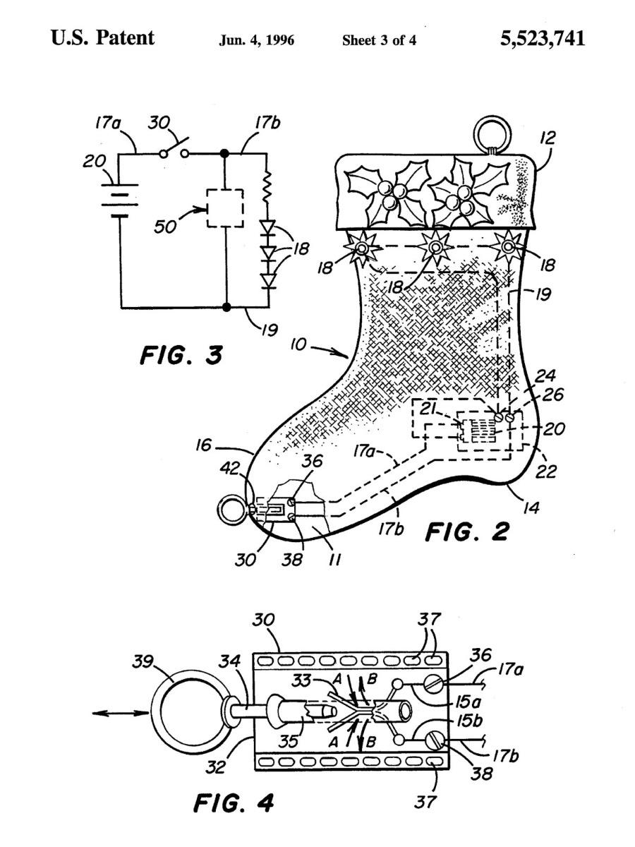 Thomas Cane&rsquo;s patent drawing from 1996 &ndash; the design of a Christmas stocking, showing a schematic of its operation with lighting elements.
