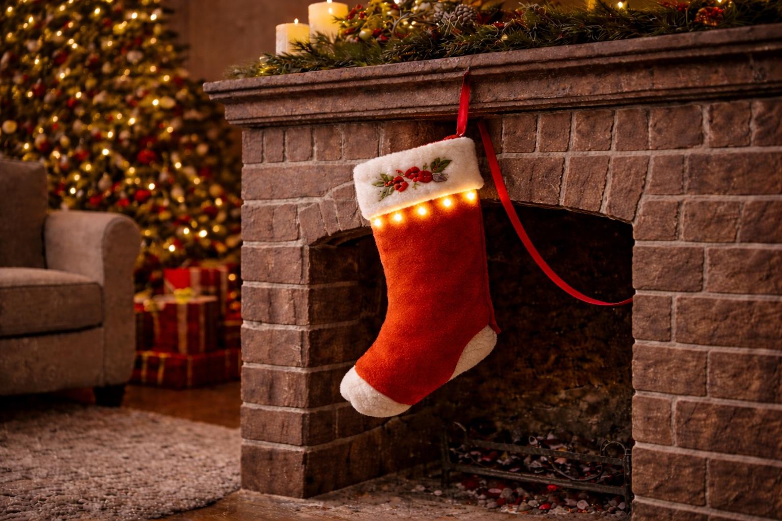 Visualization of Thomas Cane&rsquo;s patent&mdash;a red Christmas stocking hanging on a brick fireplace, decorated with lights, with a decorated Christmas tree and gifts visible in the background of the living room.
