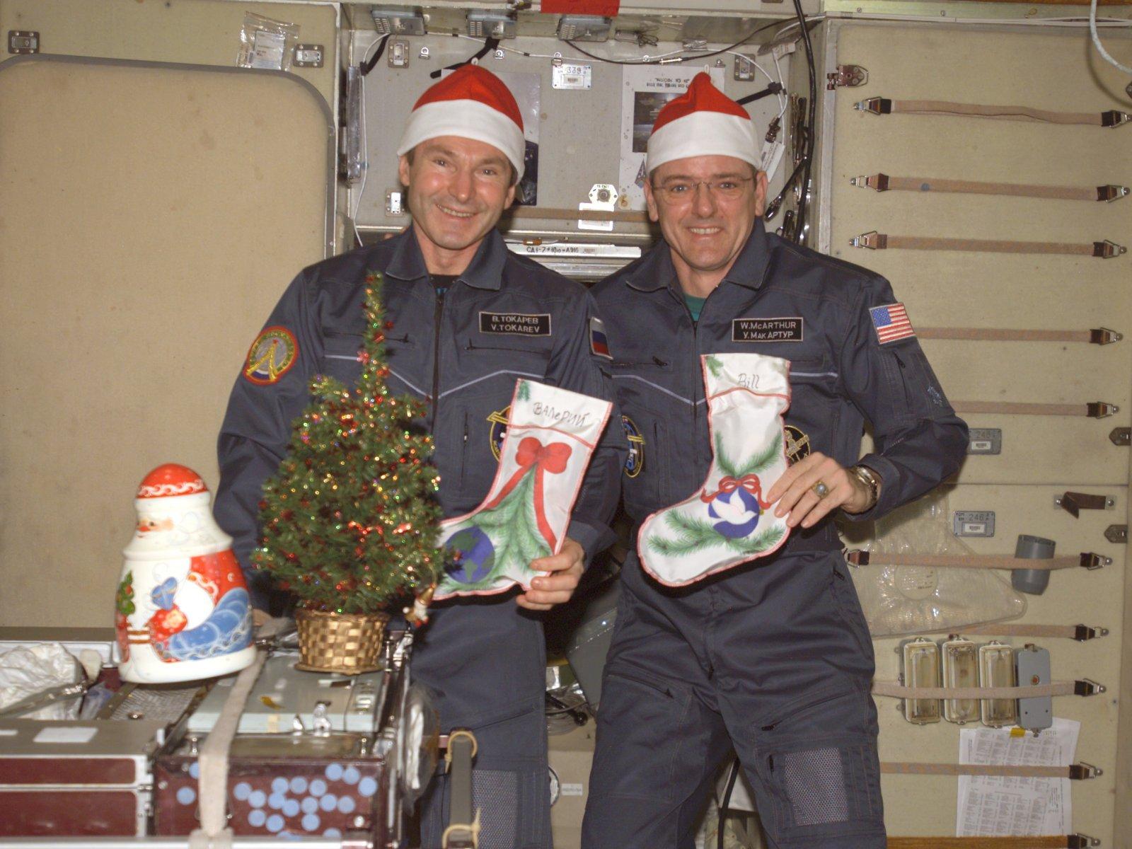 Astronaut William S. McArthur Jr. and cosmonaut Valery I. Tokarev pose for a Christmas photo aboard the International Space Station, December 2005.