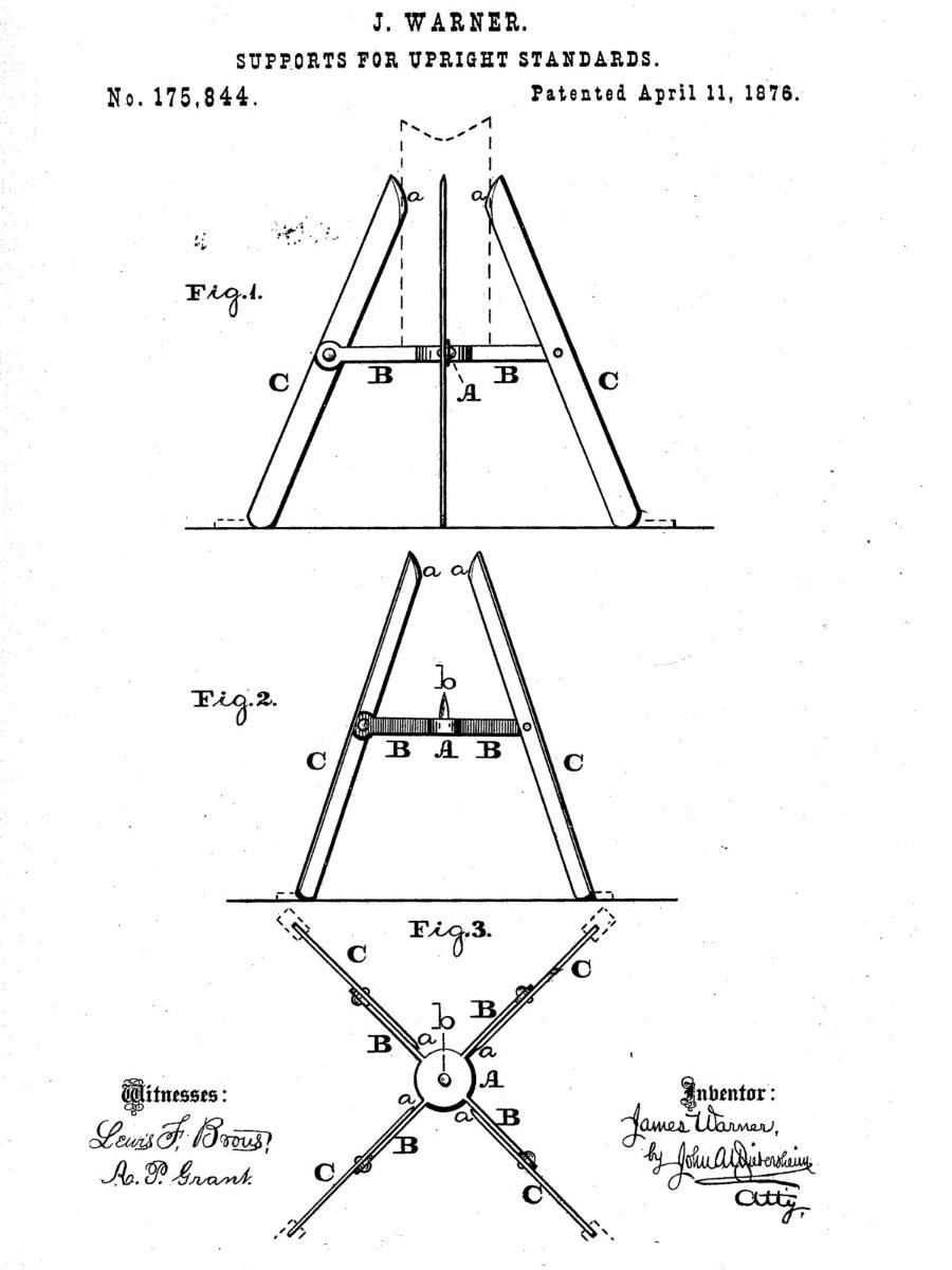 James Warner&rsquo;s patent drawing&mdash;a design for a Christmas tree stand from 1876 featuring folding supports to stabilize the vertical trunk.