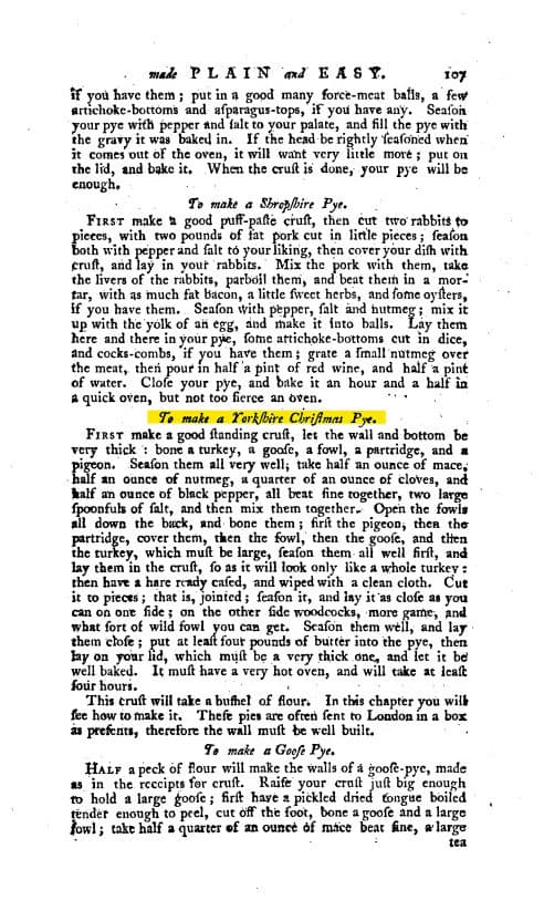 Page from an old cookbook with an illustration and description of how to prepare Yorkshire Christmas Pie, a historic Christmas meat pie.