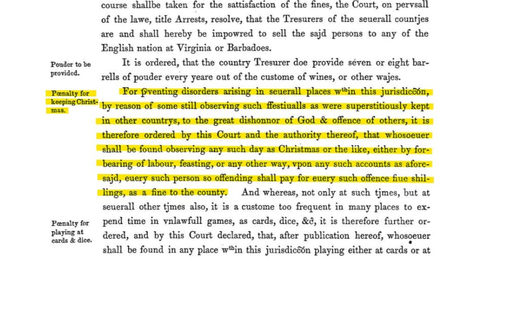 Excerpt from a seventeenth-century Puritan legal act banning the celebration of Christmas and imposing fines for observing 25 December.