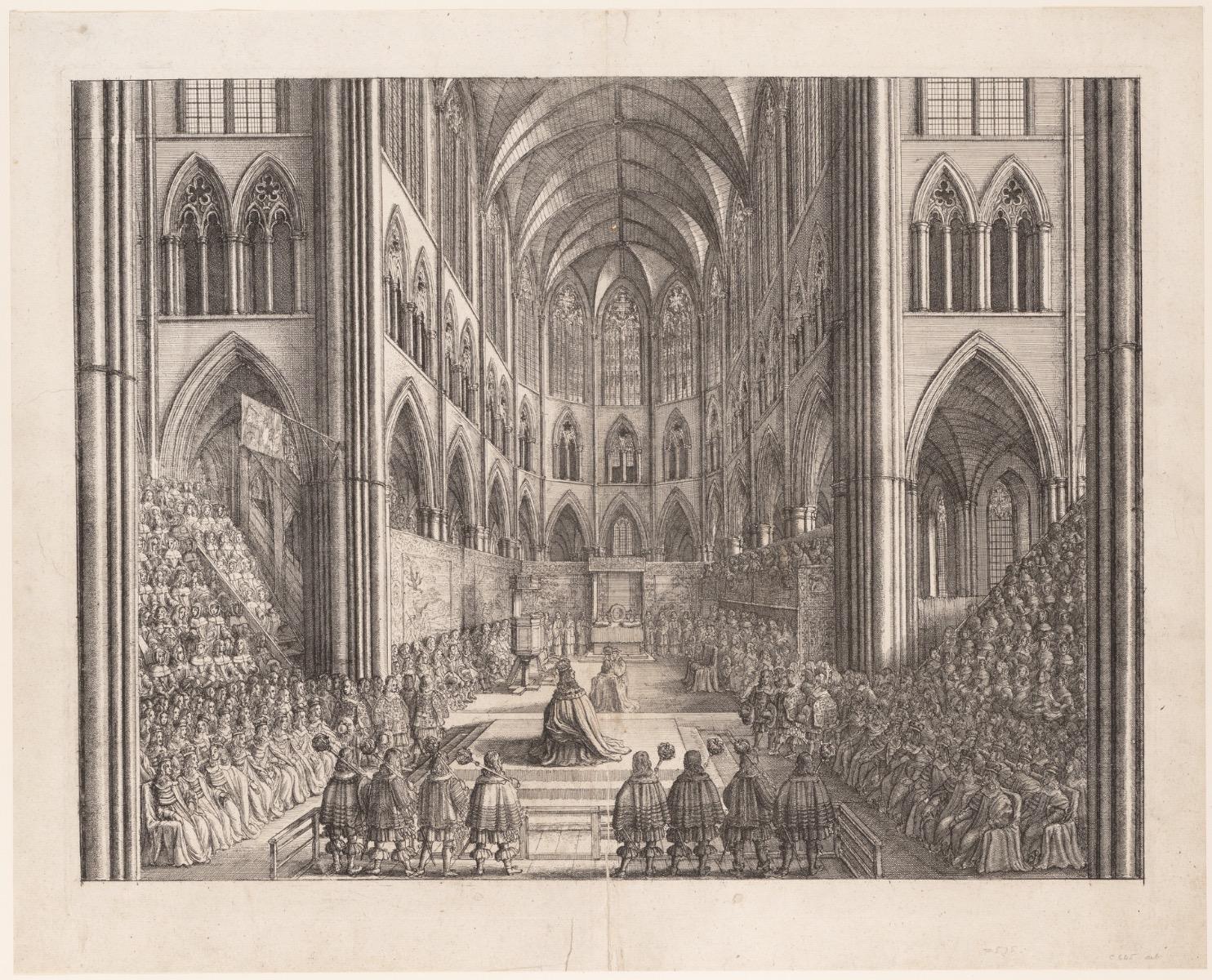 Coronation of Charles II in Westminster Abbey, symbol of the Restoration of the monarchy and the return of traditional customs.
