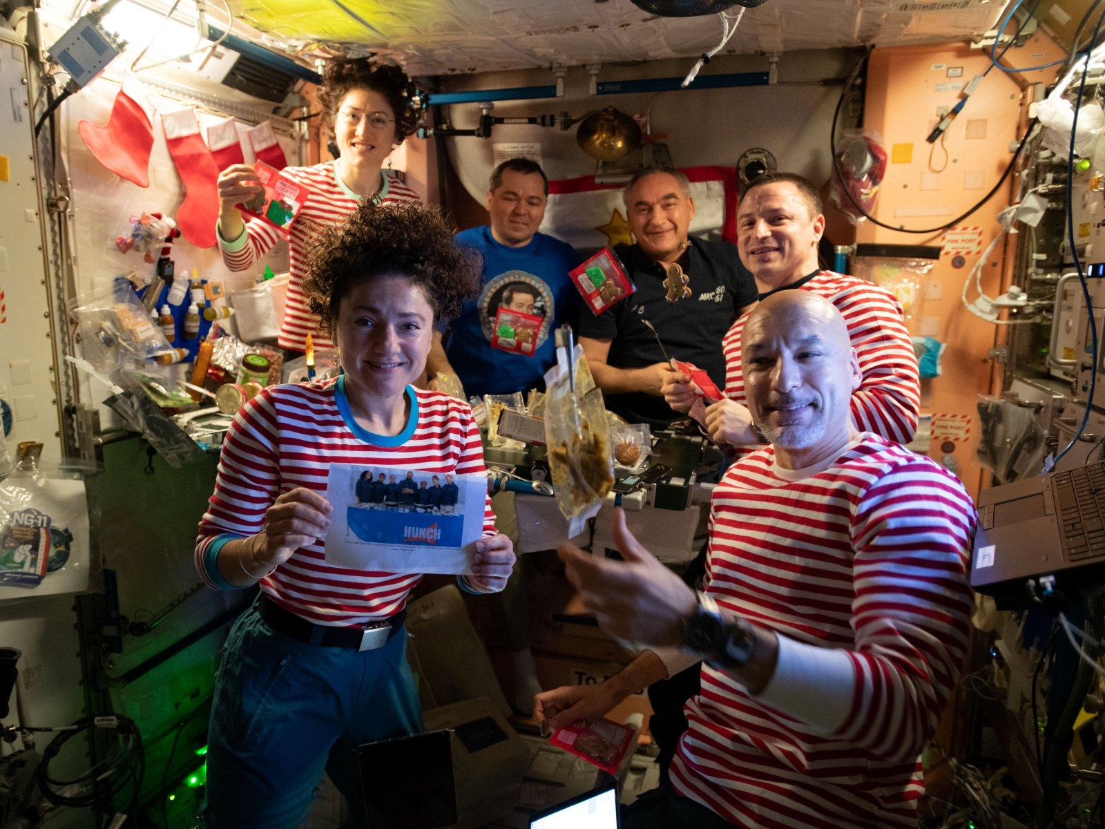Expedition 61 crew&rsquo;s Christmas brunch on the International Space Station, December 2019.