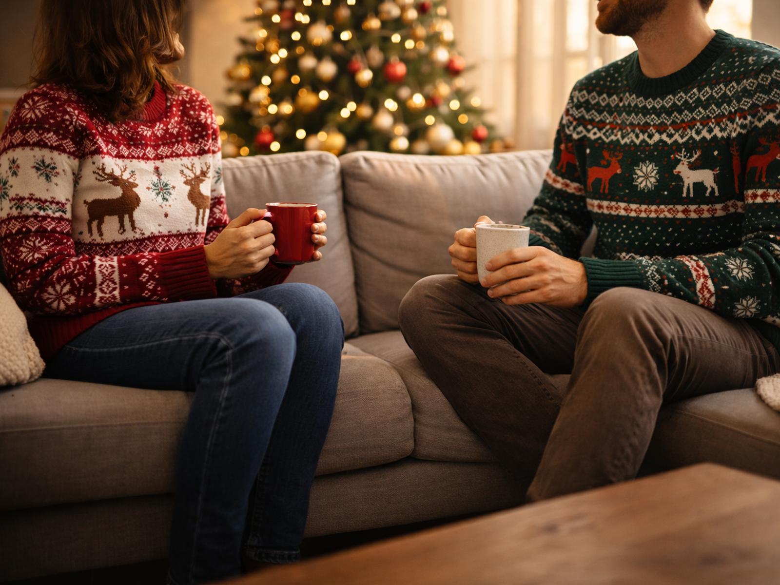 Two people sit on a sofa in reindeer Christmas sweaters, holding mugs, with a decorated Fairytrees Christmas tree in the background.