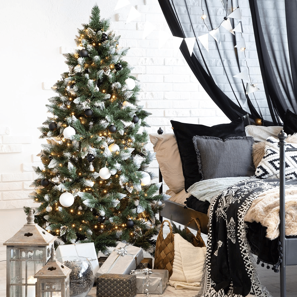 FairyTrees FT04 Christmas tree with snow-dusted needles and black-and-white festive decorations