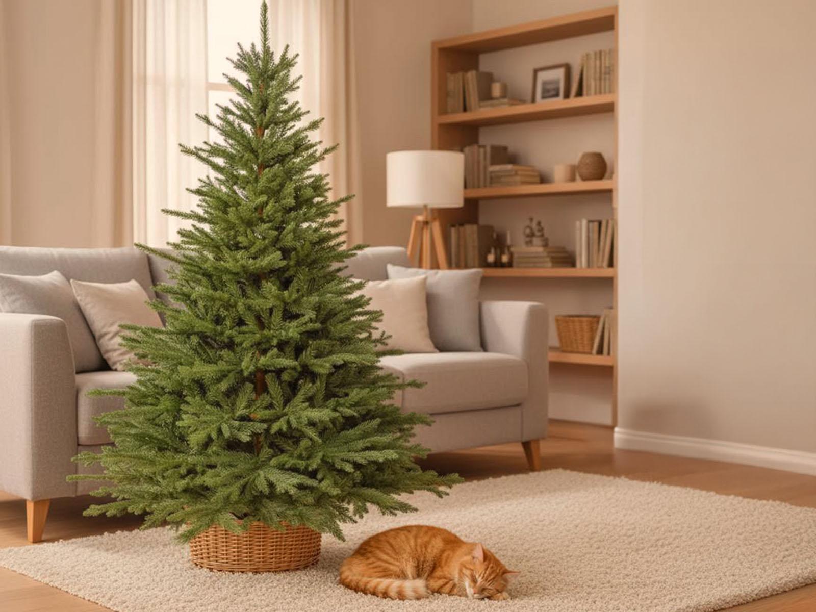 An orange cat sleeps on the carpet beside the FairyTrees FT32 artificial Christmas tree set in a bright, cozy living room.