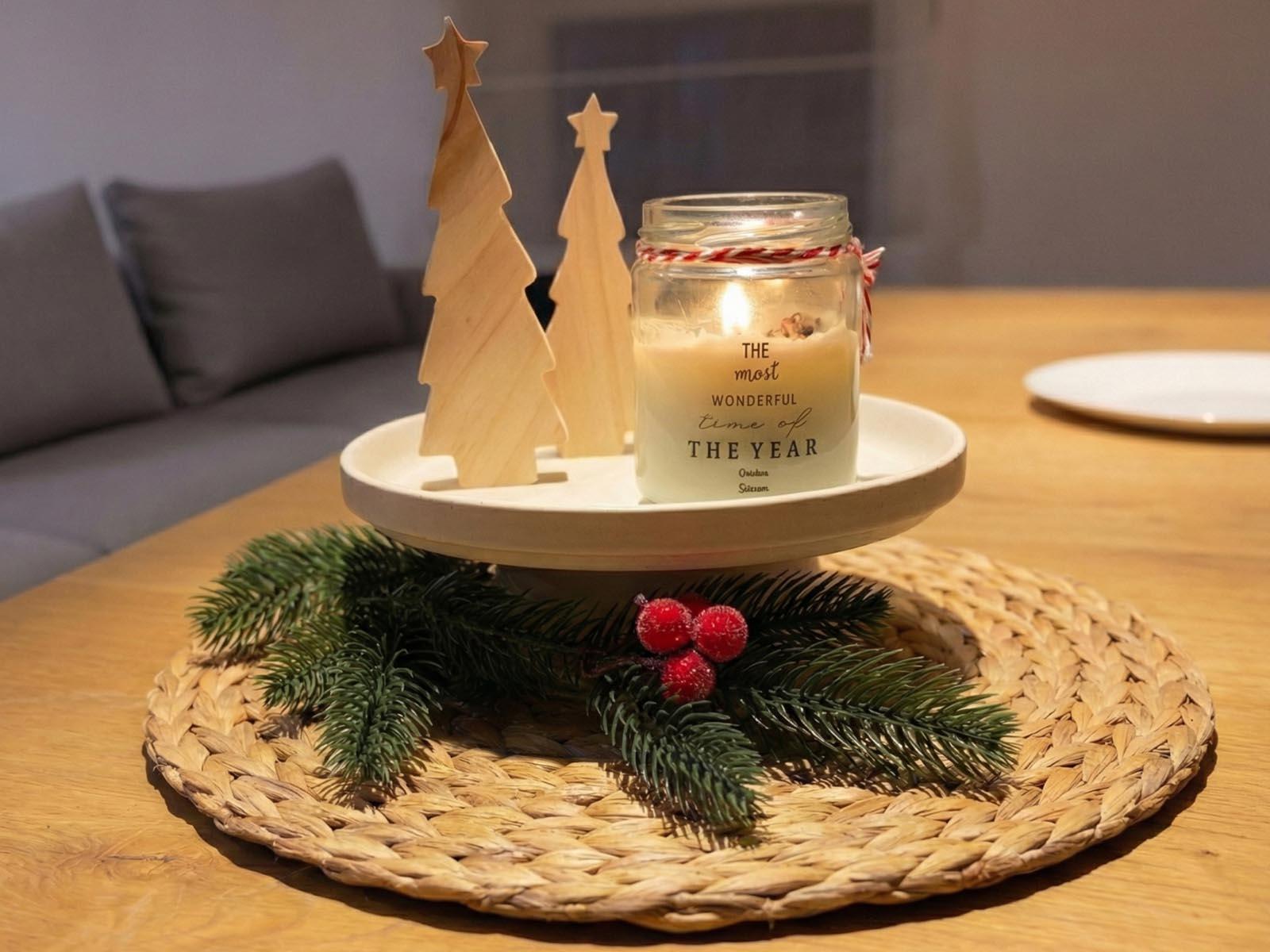 A white platter adorned with wooden Christmas trees and artificial branches from FairyTrees.