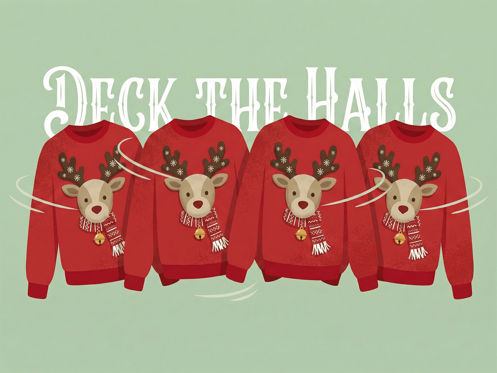 The illustration shows four red Christmas sweaters with a reindeer on the scarf, snowflakes on the antlers, and a bell. This is a reference to the movie "Deck the Halls".
