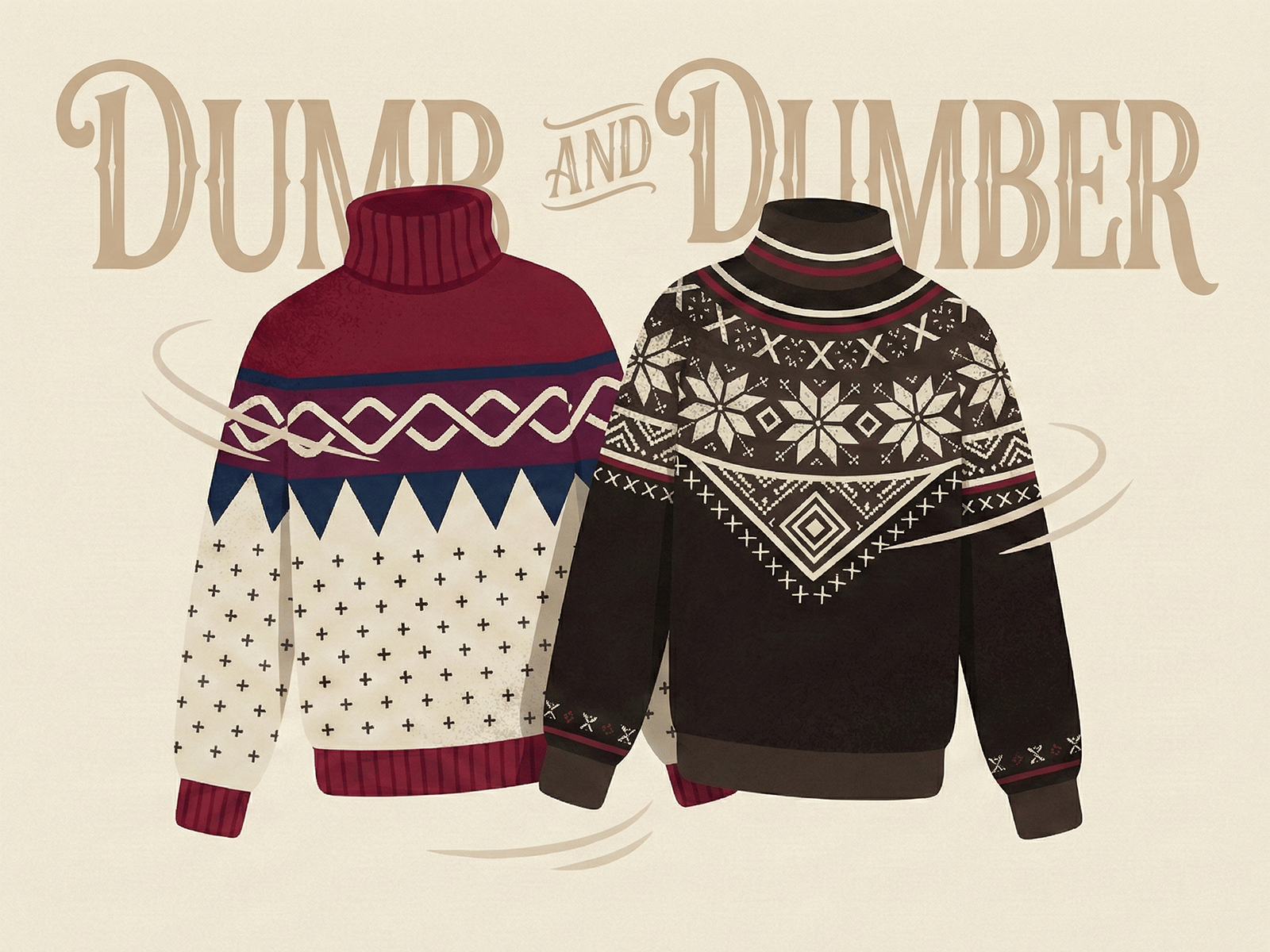 The illustration shows two winter sweaters with high collars from the film "Dumb and Dumber": a burgundy sweater with geometric stripes and a brown sweater with snowflakes and Nordic patterns.