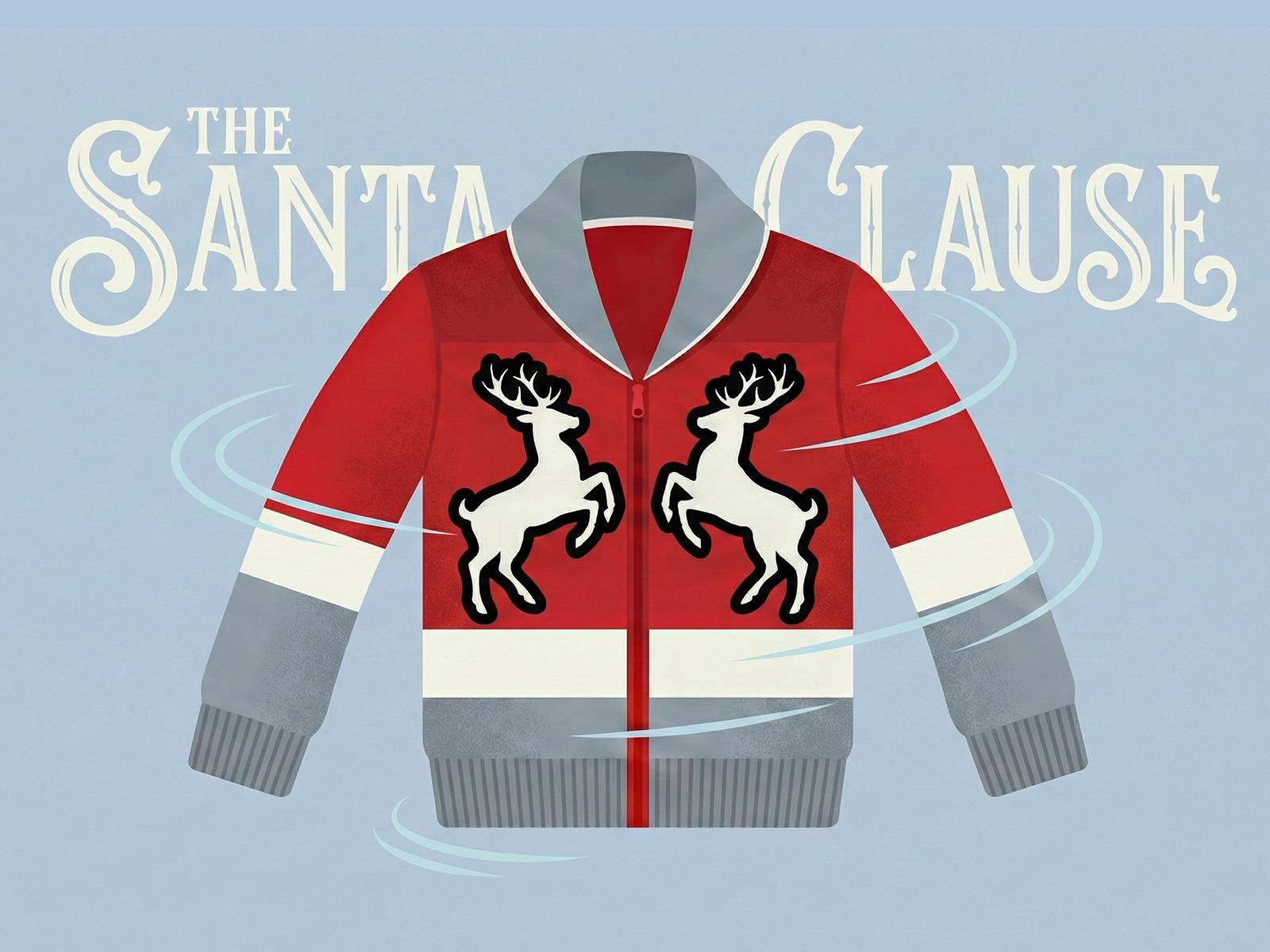 The illustration of the red zippered cardigan with two white reindeer from the film "The Santa Clause".