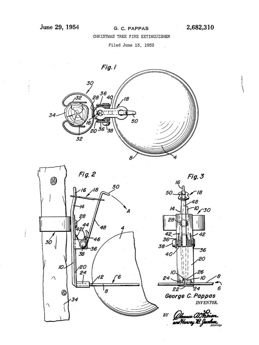 Patent drawing by George G. Pappas from 1954 &ndash; design of a fire extinguisher ornament for a Christmas tree showing the trunk attachment mechanism and technical cross-sections of the device.