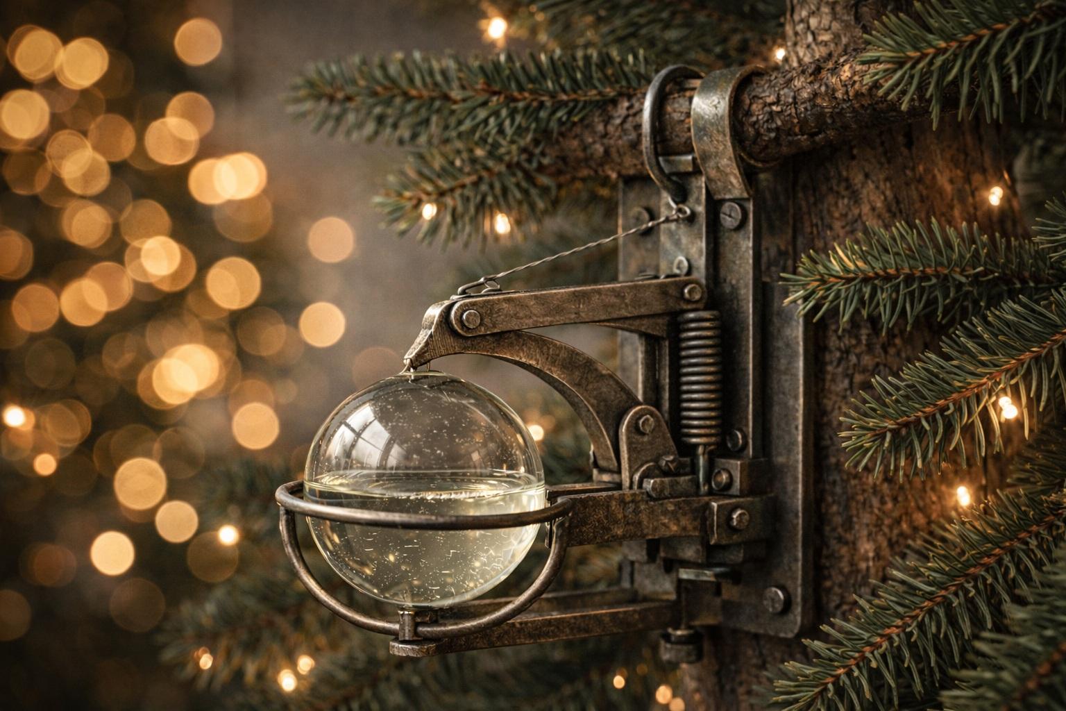 Visualization of George G. Pappas&rsquo;s patent&mdash;a fire extinguisher ornament attached to a Christmas tree trunk, surrounded by spruce needles.