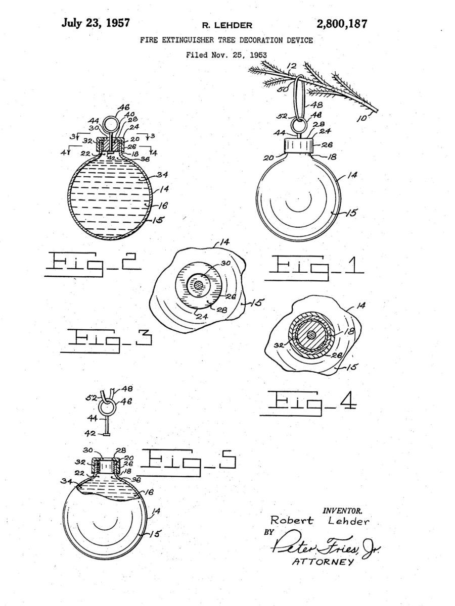 Patent drawing by Robert Lehder from 1957&mdash;the design of a fire extinguisher ornament in the form of a Christmas tree decoration, showing a liquid reservoir and a branch-mounting system.