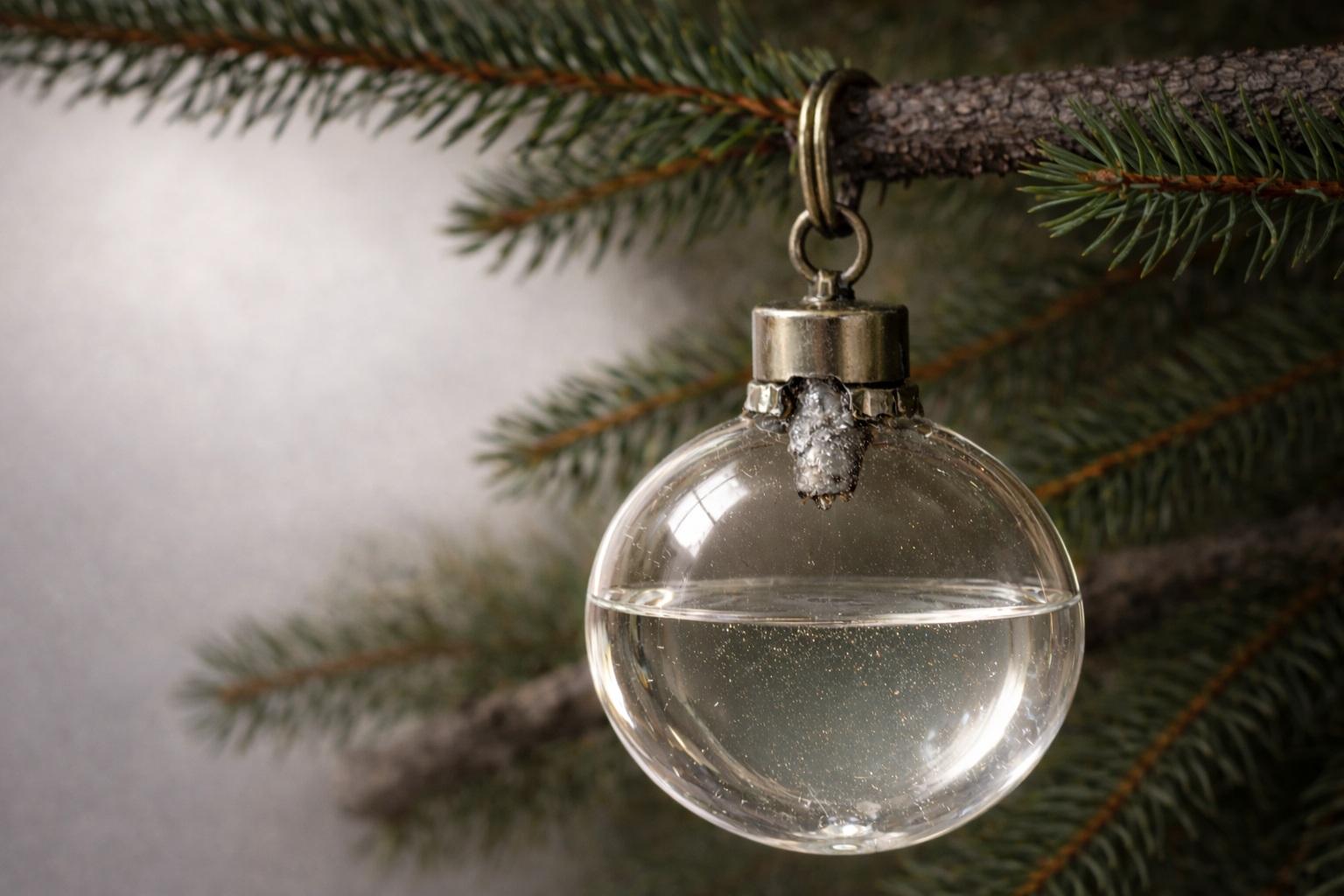 Visualization of Robert Lehders&rsquo; patent&mdash;a glass Christmas tree ornament filled with fire-extinguishing liquid, suspended from a spruce branch, with a metal handle.