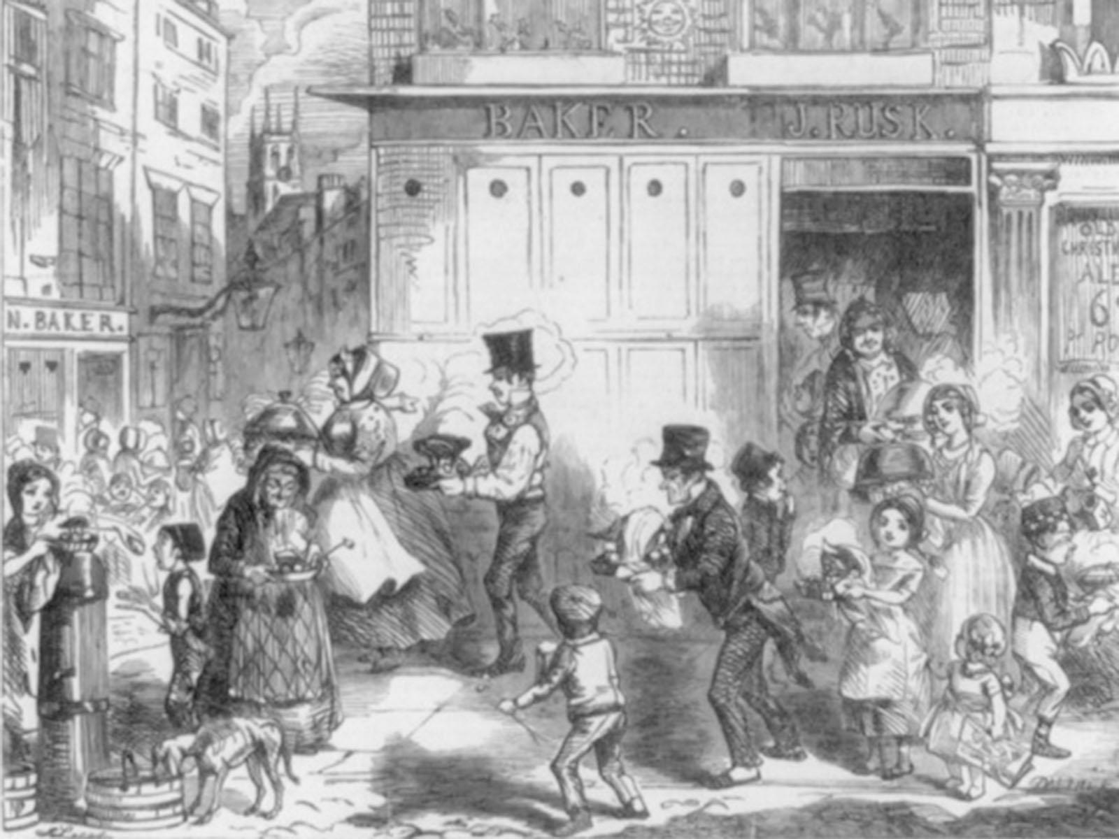 Residents carrying a Christmas dinner home from a bakery, illustration showing preparations for Christmas in the city.