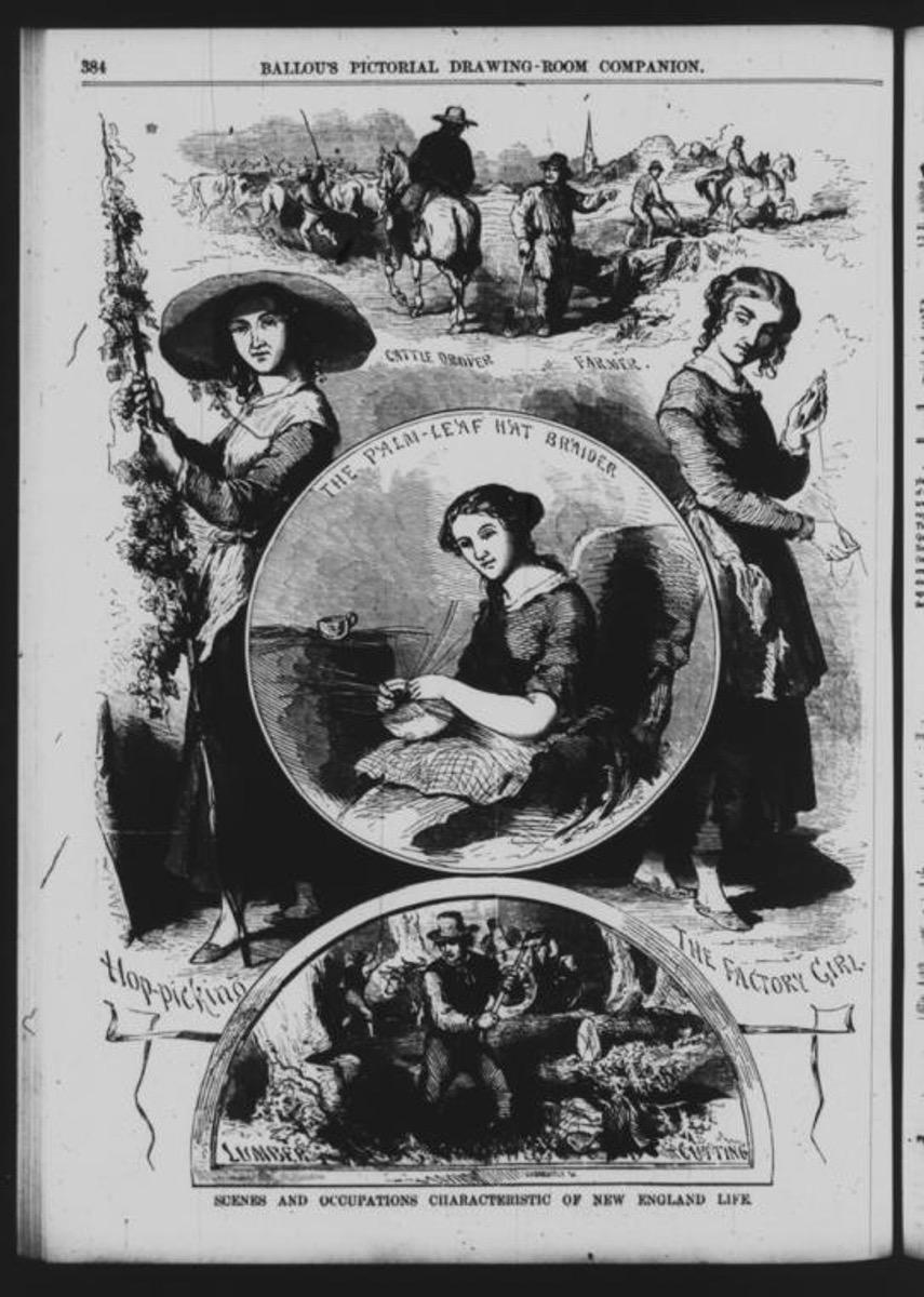 Illustration showing scenes and occupations characteristic of life in New England, depicting the work and daily routines of Puritan communities.