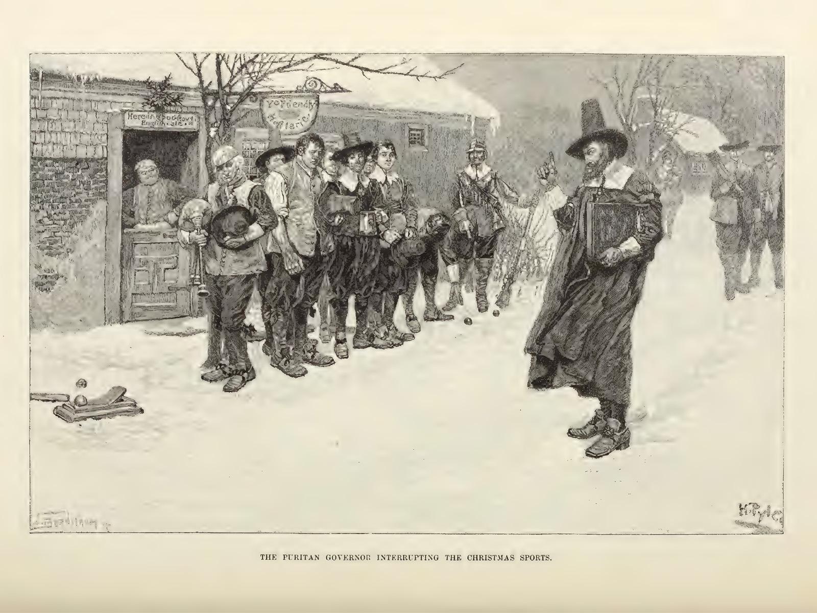 Puritan governor interrupts winter festivities in the snow, symbolising the ban on Christmas and the control of social customs.