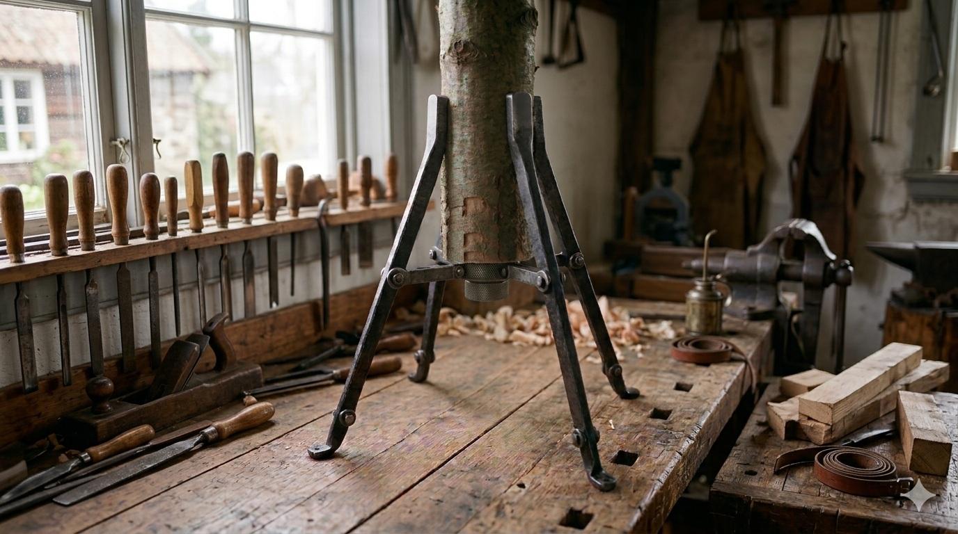 Visualization of James Warner&rsquo;s patent &ndash; a metal Christmas tree stand mounted on a wooden trunk in a carpenter&rsquo;s workshop.