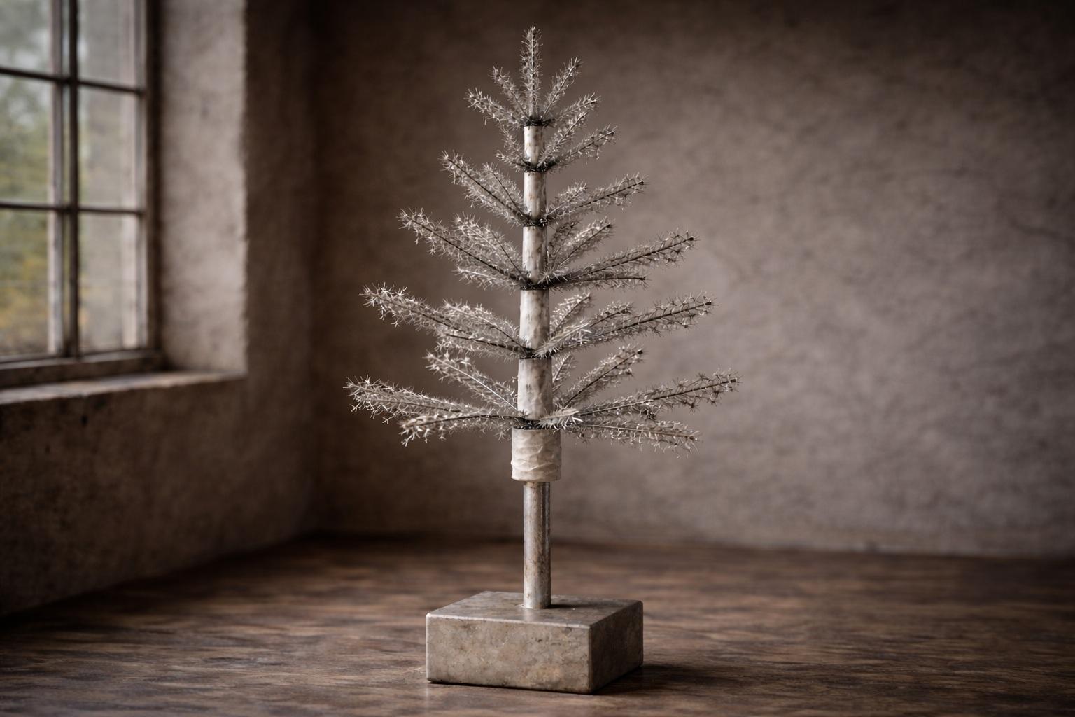 Visualization of Herman K. Vierlinger&rsquo;s patent &ndash; a silver artificial Christmas tree with a minimalist design featuring thin branches.