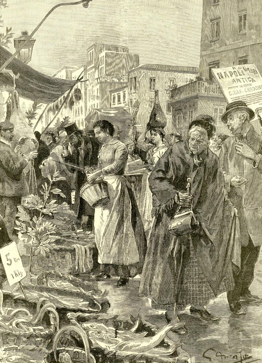 Late nineteenth-century illustration showing a crowded market in Naples where live eels are sold for the Christmas dish capitone.