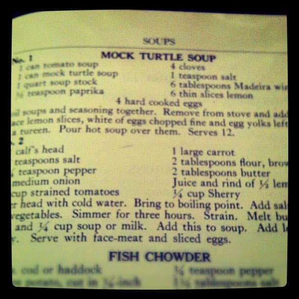 Page from an old cookbook featuring a printed recipe for mock turtle soup.
